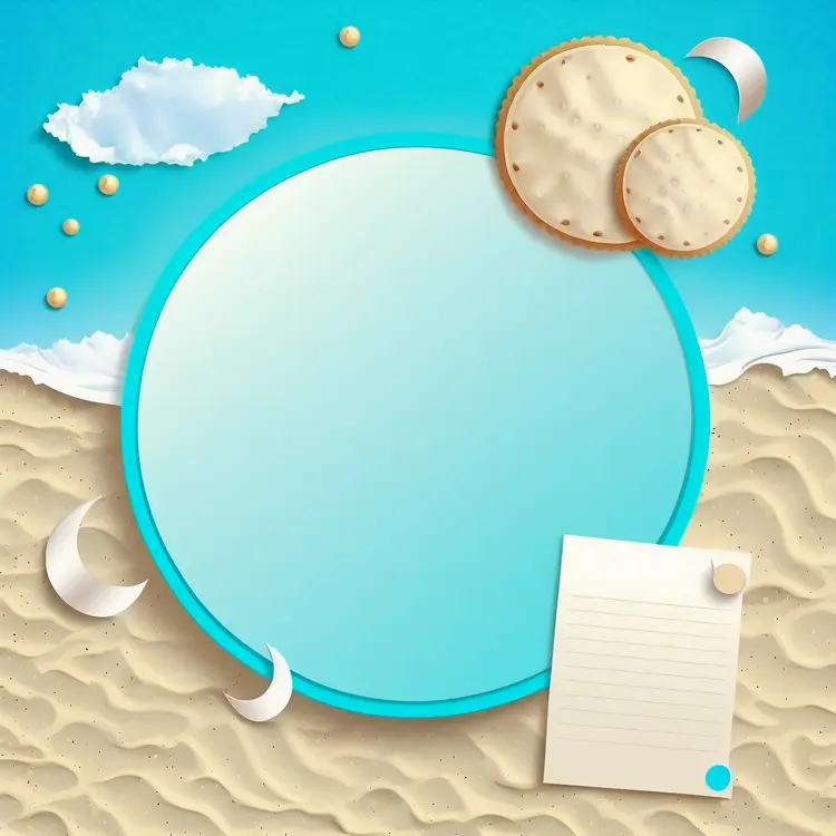 Round Mirror on Sandy Beach with Cookies and Paper