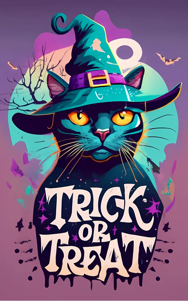 Black Cat in Witch Hat with Trick or Treat Sign