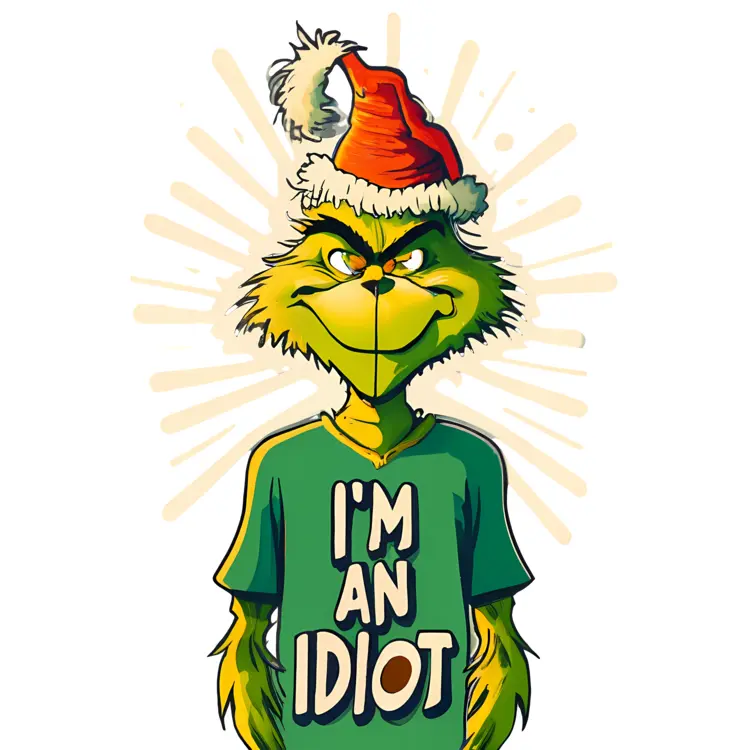 Grinch in Santa Hat with 'I'M AN IDIOT' Shirt