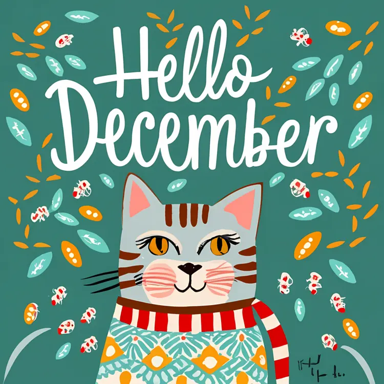 Hello December Cat Illustration