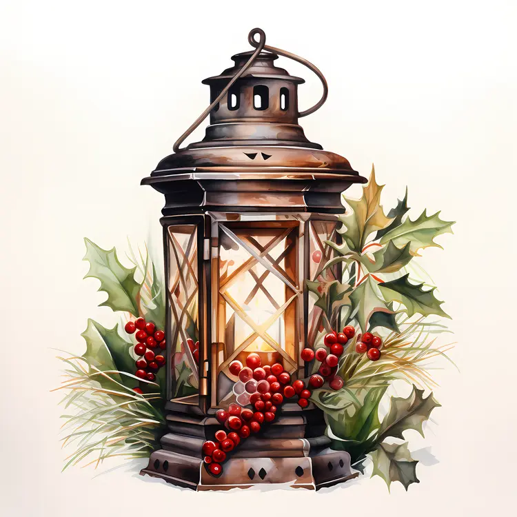Festive Lantern with Holly and Berries
