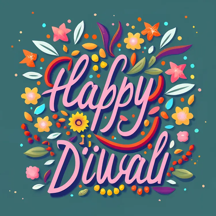 Happy Diwali with Colorful Flowers and Leaves