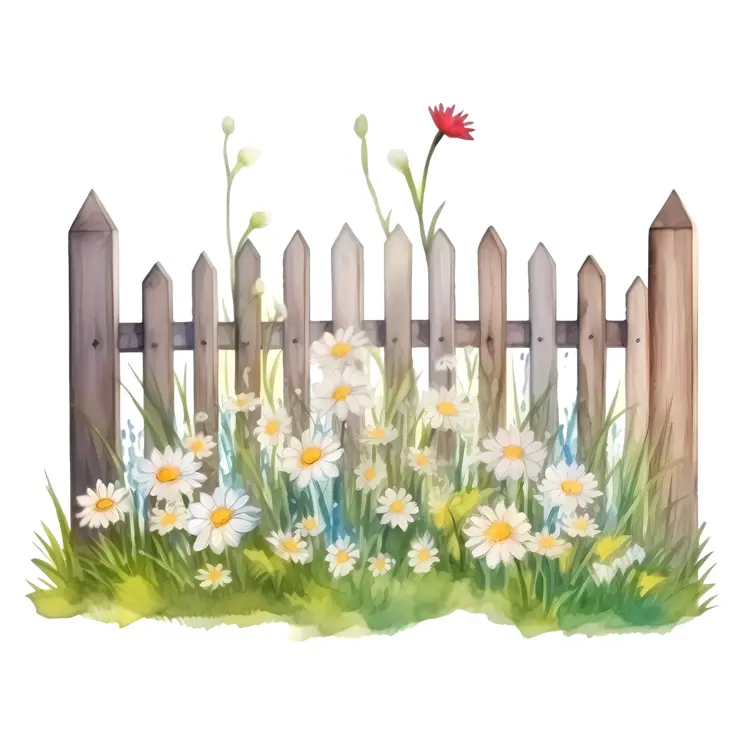 Wooden Fence with Daisies and Wildflowers