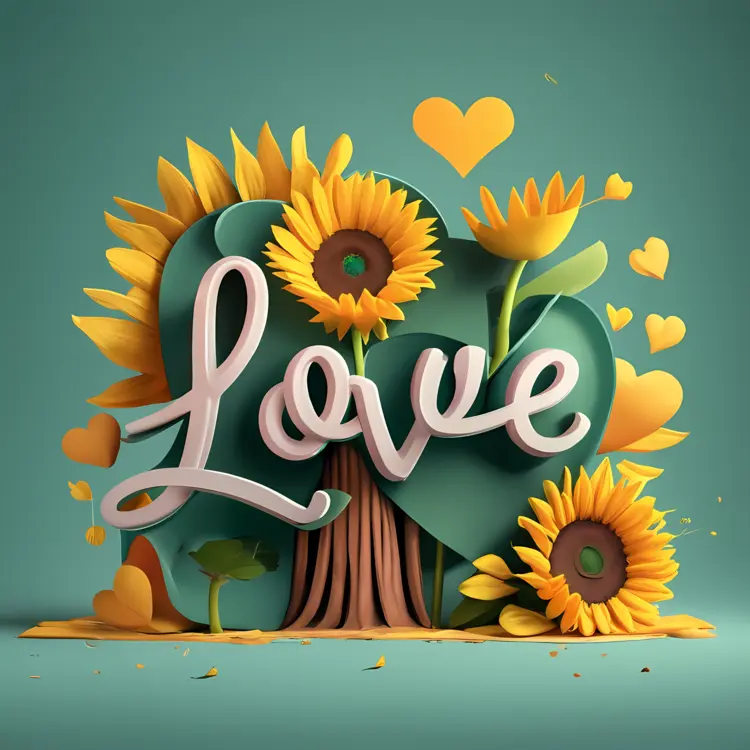 Love Typography with Sunflowers and Hearts