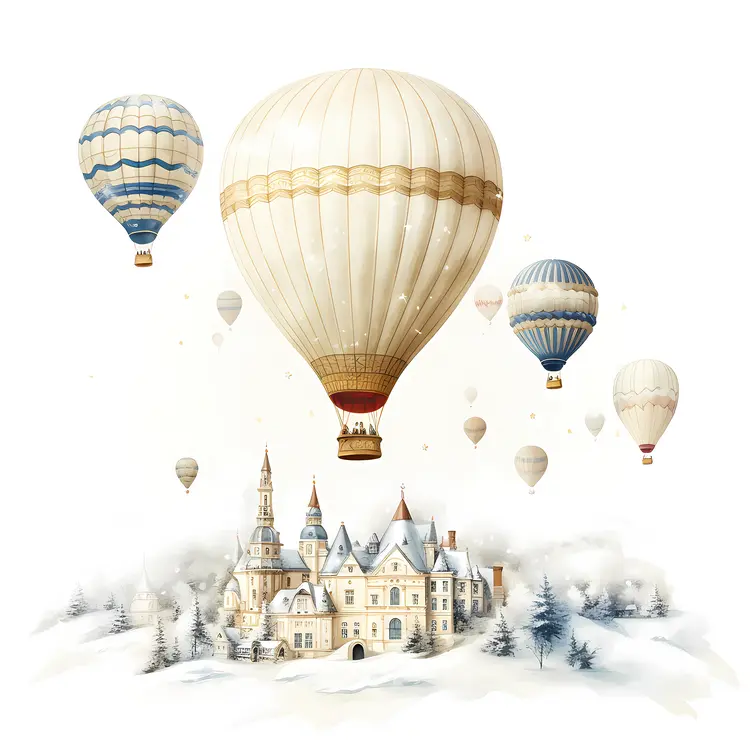 Hot Air Balloons Floating Over a Scenic Castle