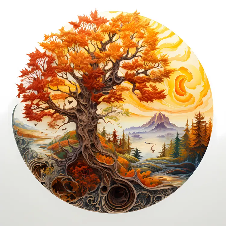 Autumn Tree with Mountain and Leaves
