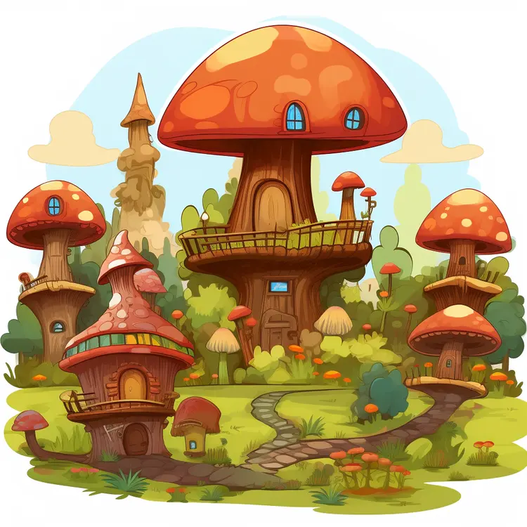 Whimsical Mushroom Village with Pathways