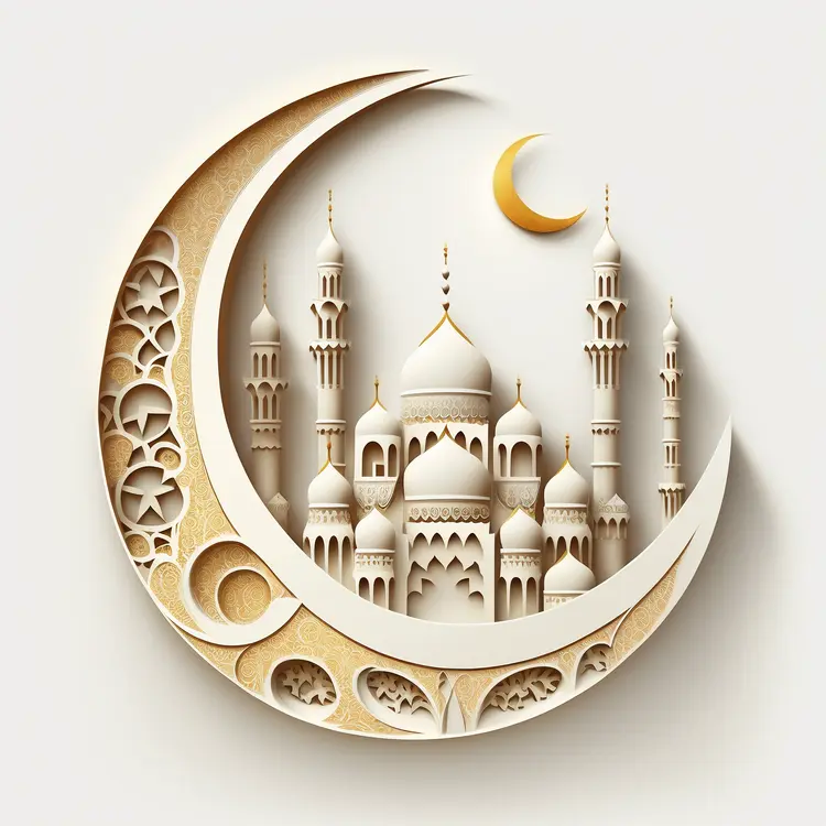 Intricate Mosque and Crescent Moon Symbol for Ramadan and Eid