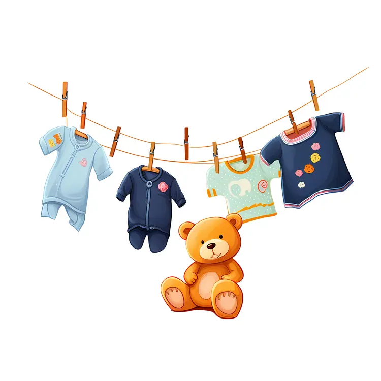 Cute Teddy Bear with Baby Clothes on Clothesline