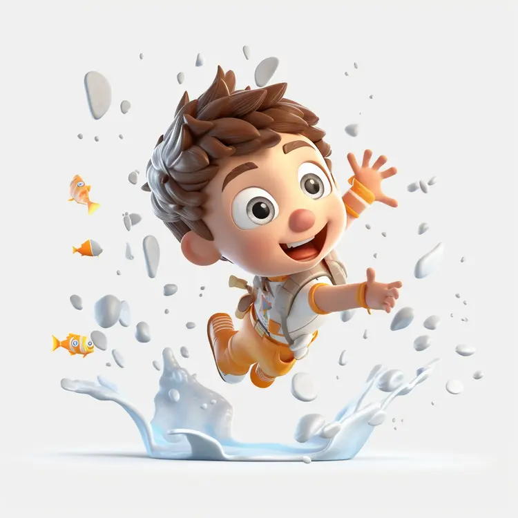 Playful Cartoon Boy Splashing in Water