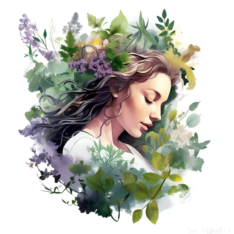 Serene Woman Surrounded by Nature and Flowers