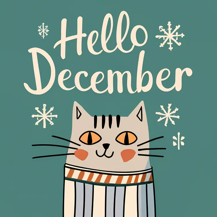 Cute Cat with Hello December Greeting