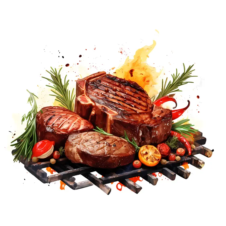 Grilled Steaks on Barbecue with Flames