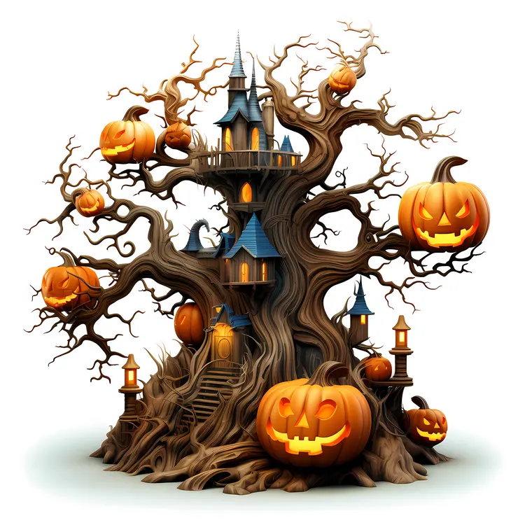Halloween Tree with Pumpkins