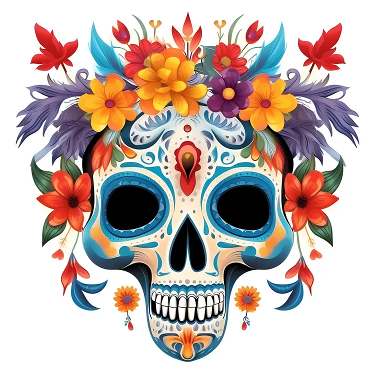 Colorful Sugar Skull with Floral Decorations for Day of the Dead