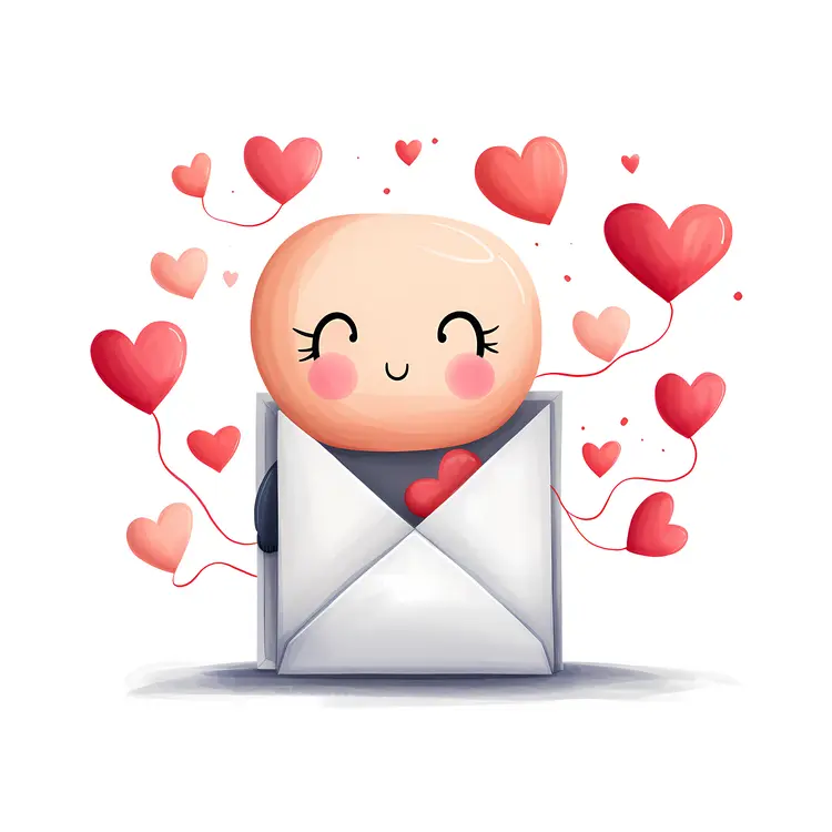 Heart and Envelope with Cute Character in Flat Cartoon Style