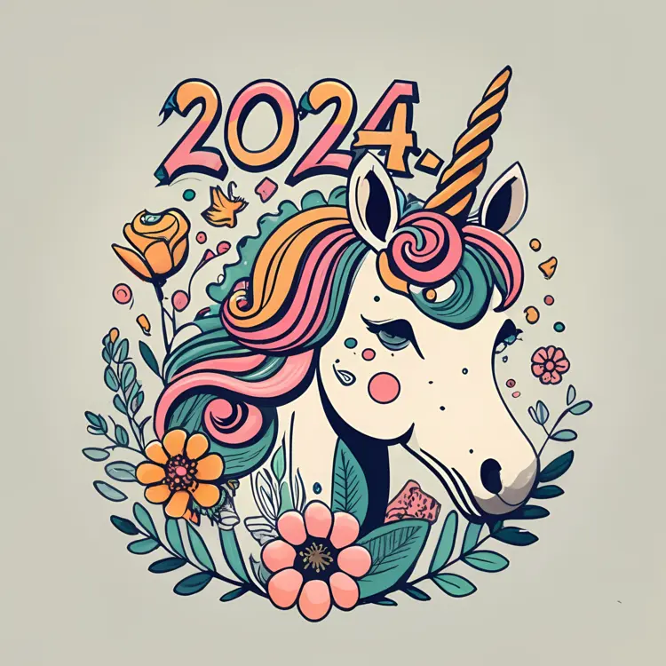 Colorful Unicorn with Flowers and 2024