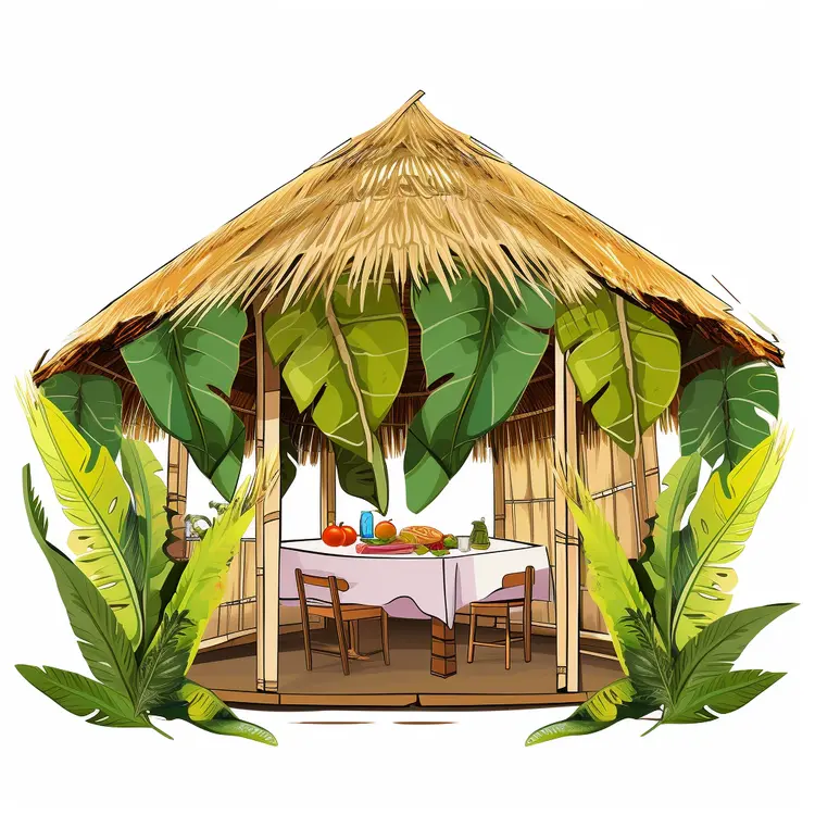 Tropical Hut with Thatched Roof and Leafy Decor