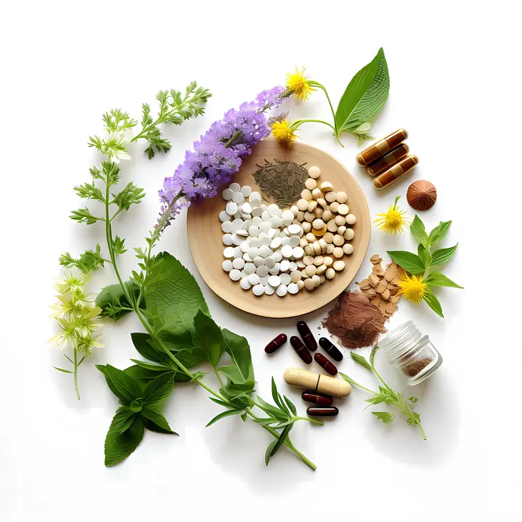 Herbal Pills in a Bowl with Herbs