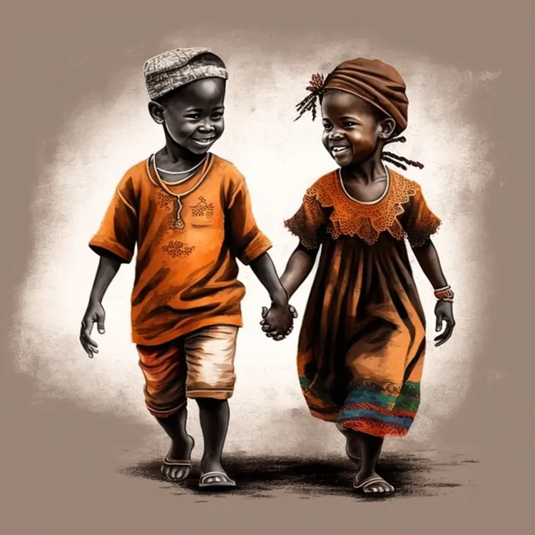 Smiling Children Holding Hands in Traditional Clothing