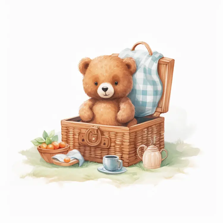 Cute Teddy Bear in Picnic Basket
