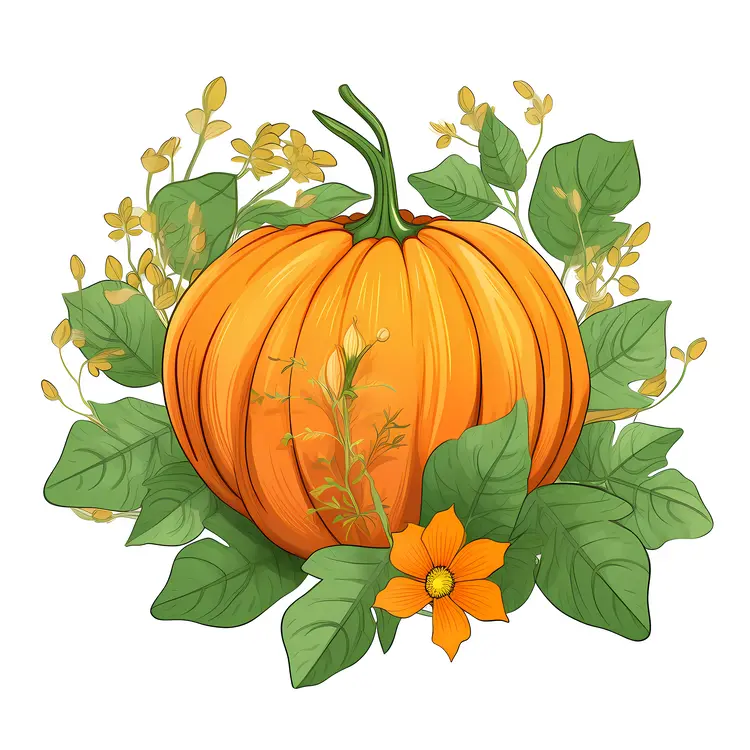 Pumpkin Surrounded by Leaves and Flowers