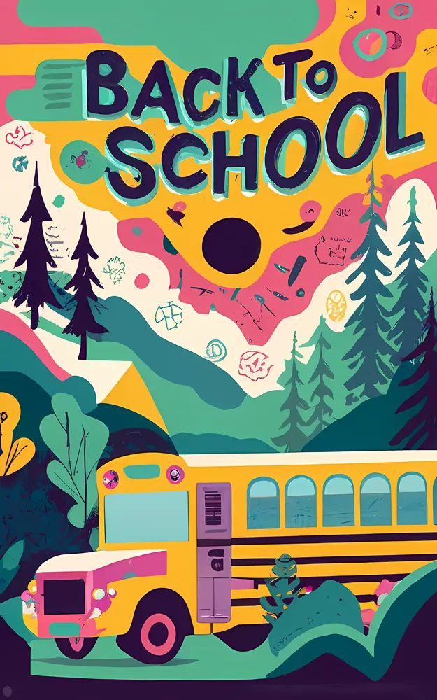 Back to School Poster with School Bus and Mountain Scenery
