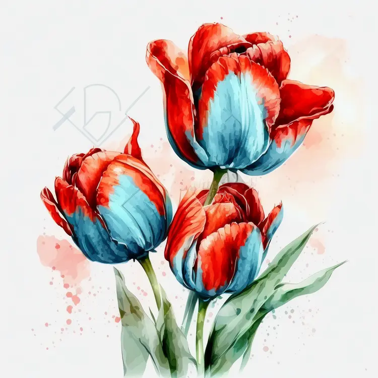Beautiful Red and Blue Tulips in Watercolor