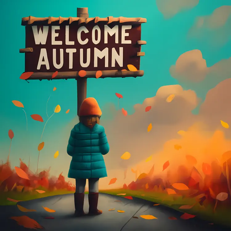 Welcome Autumn Sign with Child in Blue Coat