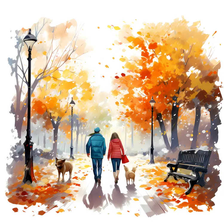 Couple Walking Dogs in Autumn Park