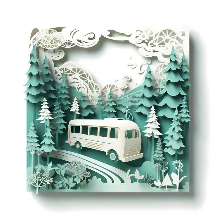 Green Paper Art Bus in a Forest
