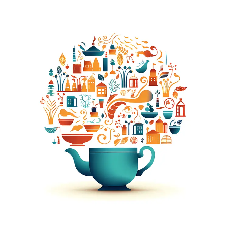 Blue Teapot with Village Decorations