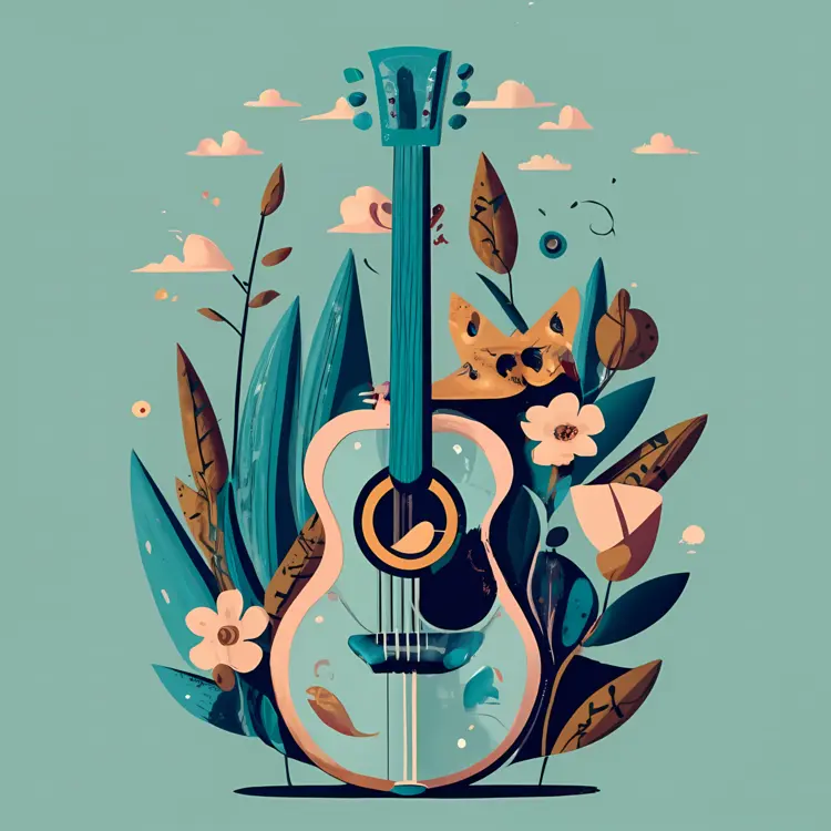 Decorative Guitar with Floral and Cat Design