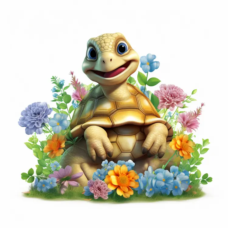 Smiling Turtle Surrounded by Flowers