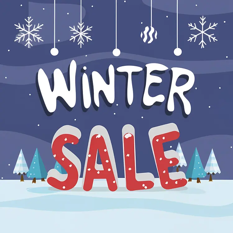 Winter Sale Text with Snowflakes and Trees