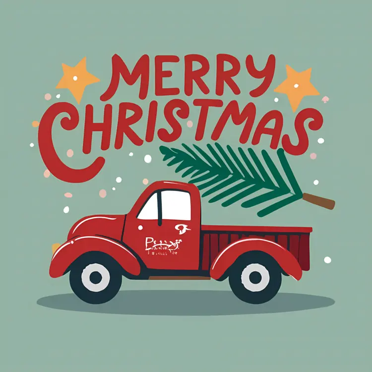 Red Truck with Christmas Tree and Merry Christmas Text