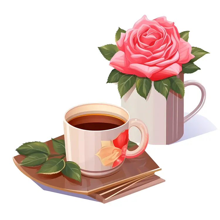 Pink Rose and Coffee Cup with Leaves