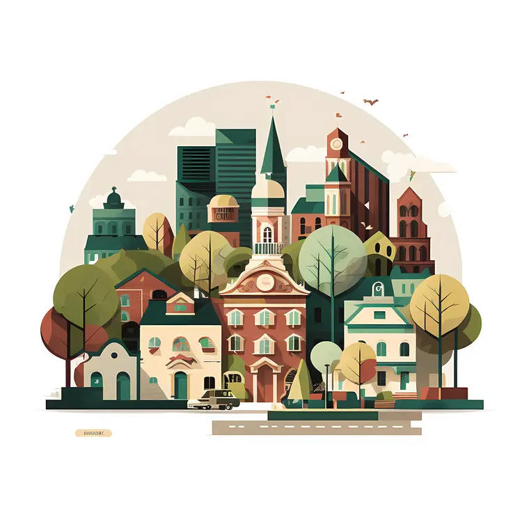 Cityscape with trees and diverse architecture