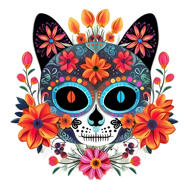 Colorful Sugar Skull Cat for Day of the Dead Celebration