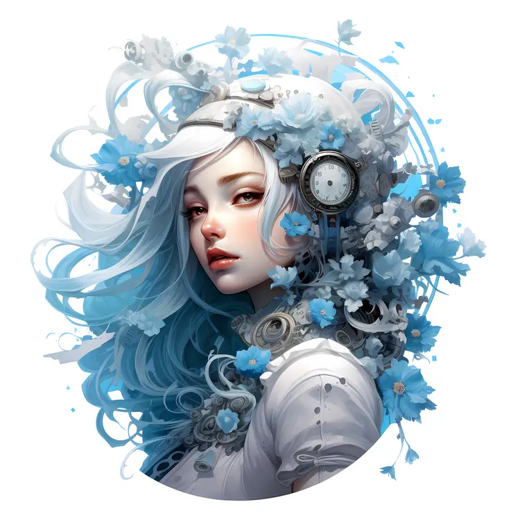 Fantasy Portrait with Blue Hair and Flowers