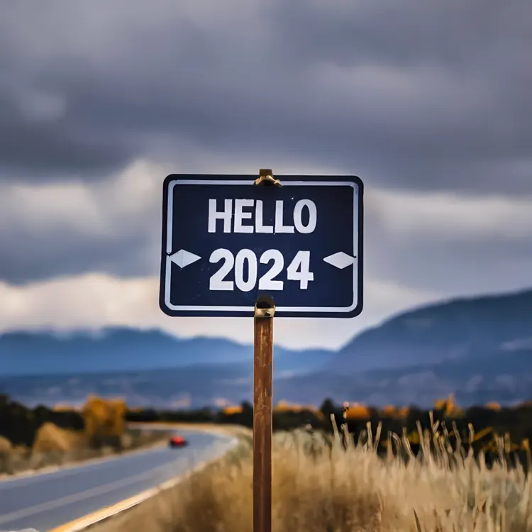 Hello 2024 Road Sign with Scenic Background