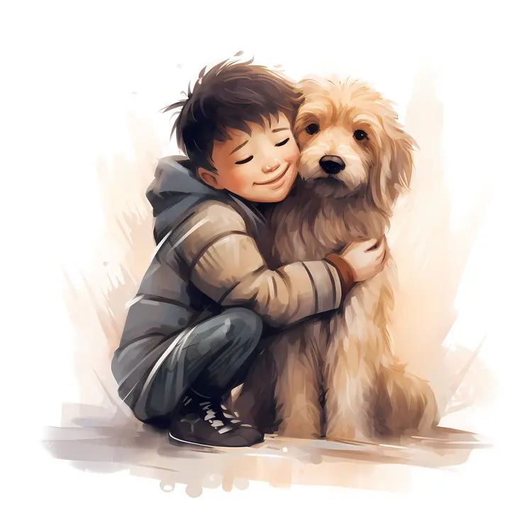 Boy hugging his dog with a smile