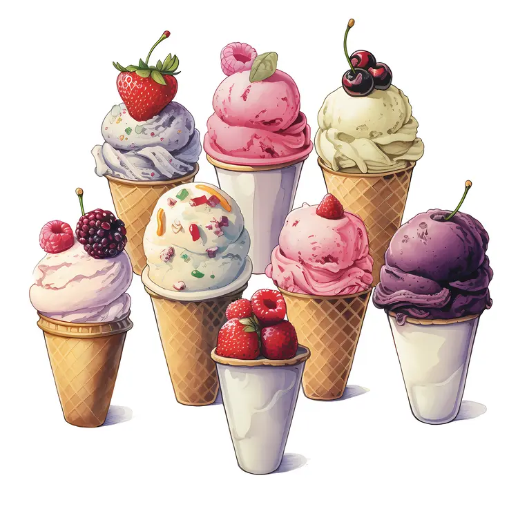 Delicious Ice Cream Cones with Fresh Fruits