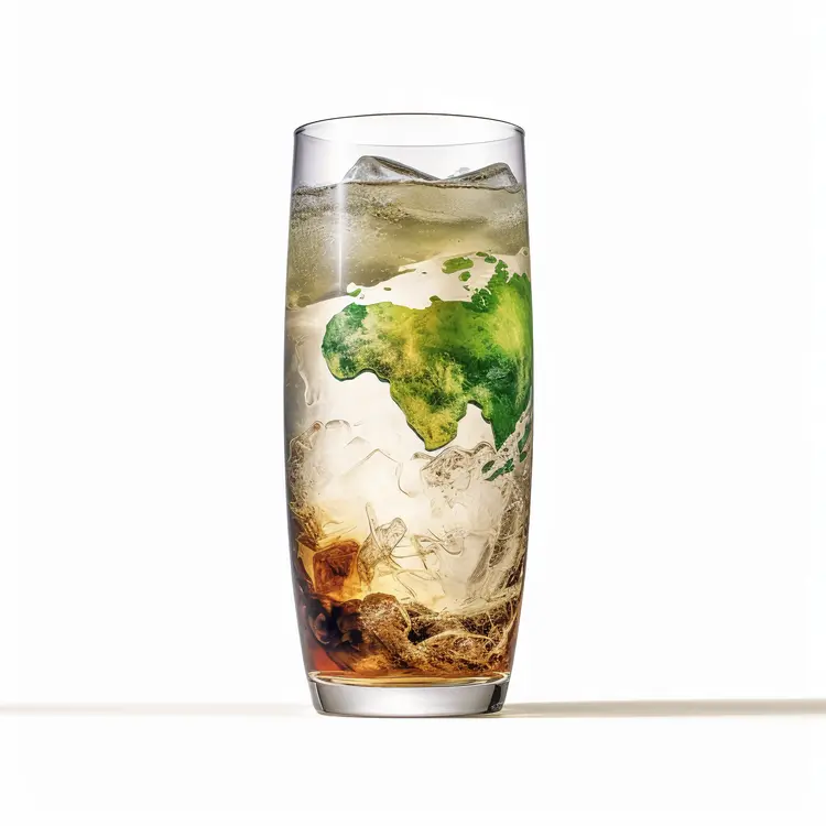 Glass of Water with World Map and Ice Cubes