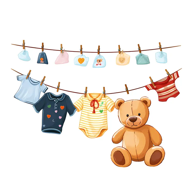 Cute Teddy Bear with Baby Clothes on Clothesline