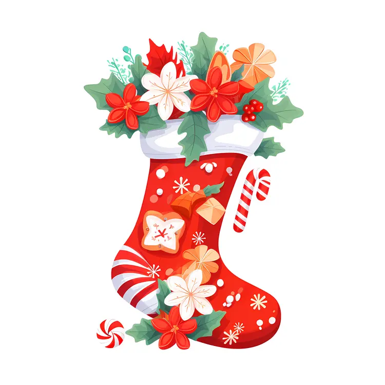 Red Christmas Stocking with Flowers and Candy Cane