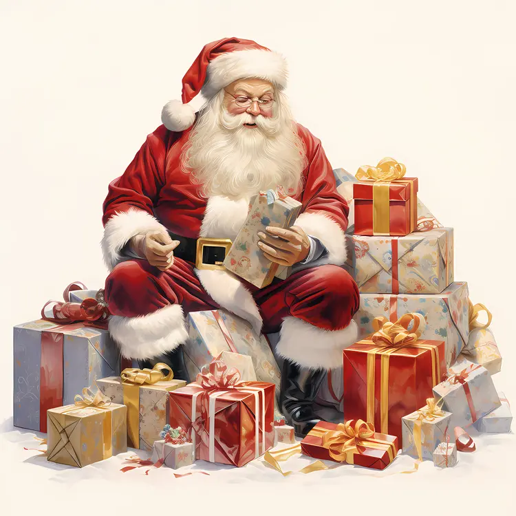 Santa Claus Surrounded by Christmas Gifts