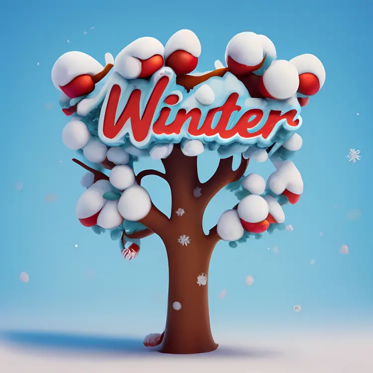 Winter Text on Snowy Tree