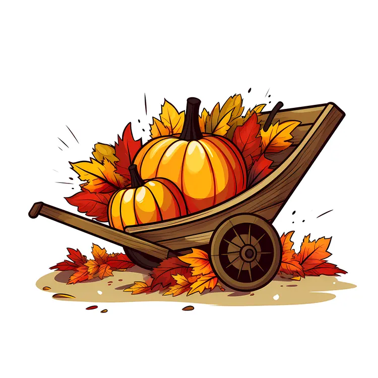 Pumpkins in Wheelbarrow with Autumn Leaves