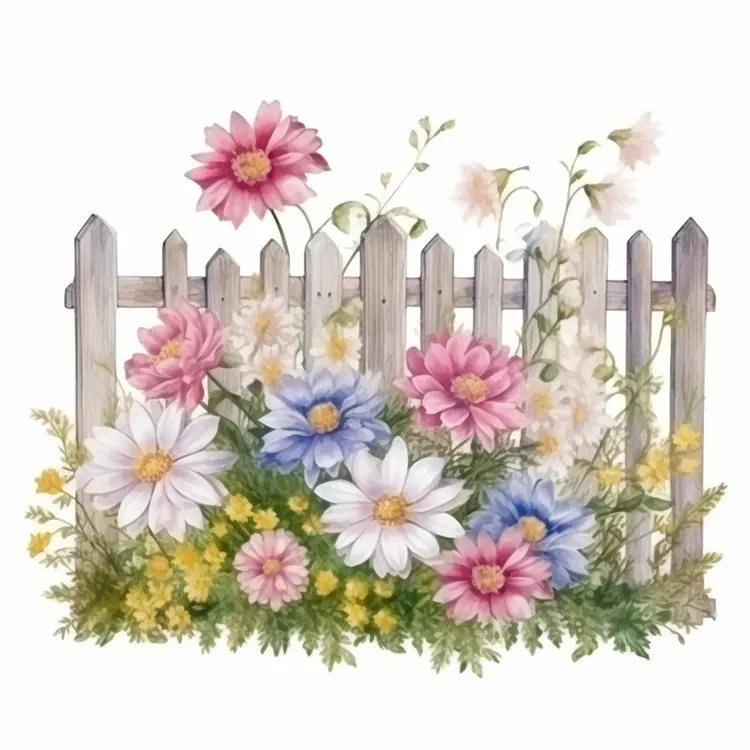 Colorful Flowers with Picket Fence